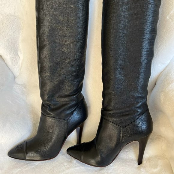 Chanel Black Leather Knee High Boots Size 37.5 - Picture 1 of 13